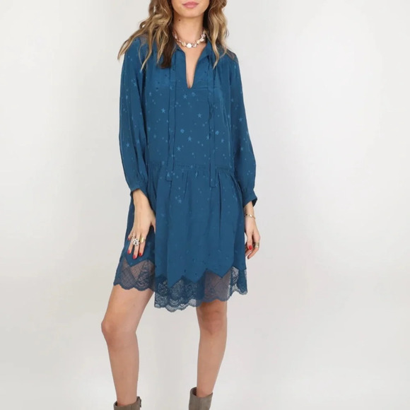 Zadig & Voltaire Teal Richie Jac Deluxe Dress with Subtle Star Galaxy Print LG - Picture 1 of 14
